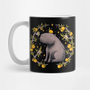 Cottagecore Aesthetic Capybara Chilling With Orange on Head | Goblincore Capy Yuzu Citrus Fruit Blossom Flowers Meditating - Dreamcore Fairytale Mycology Fungi Shrooms Forager Foraging Pet Mat Bandata Mug